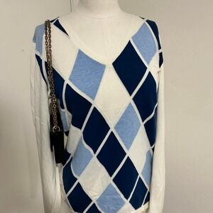 Tommy Hilfiger argyle v-neck blue sweater L